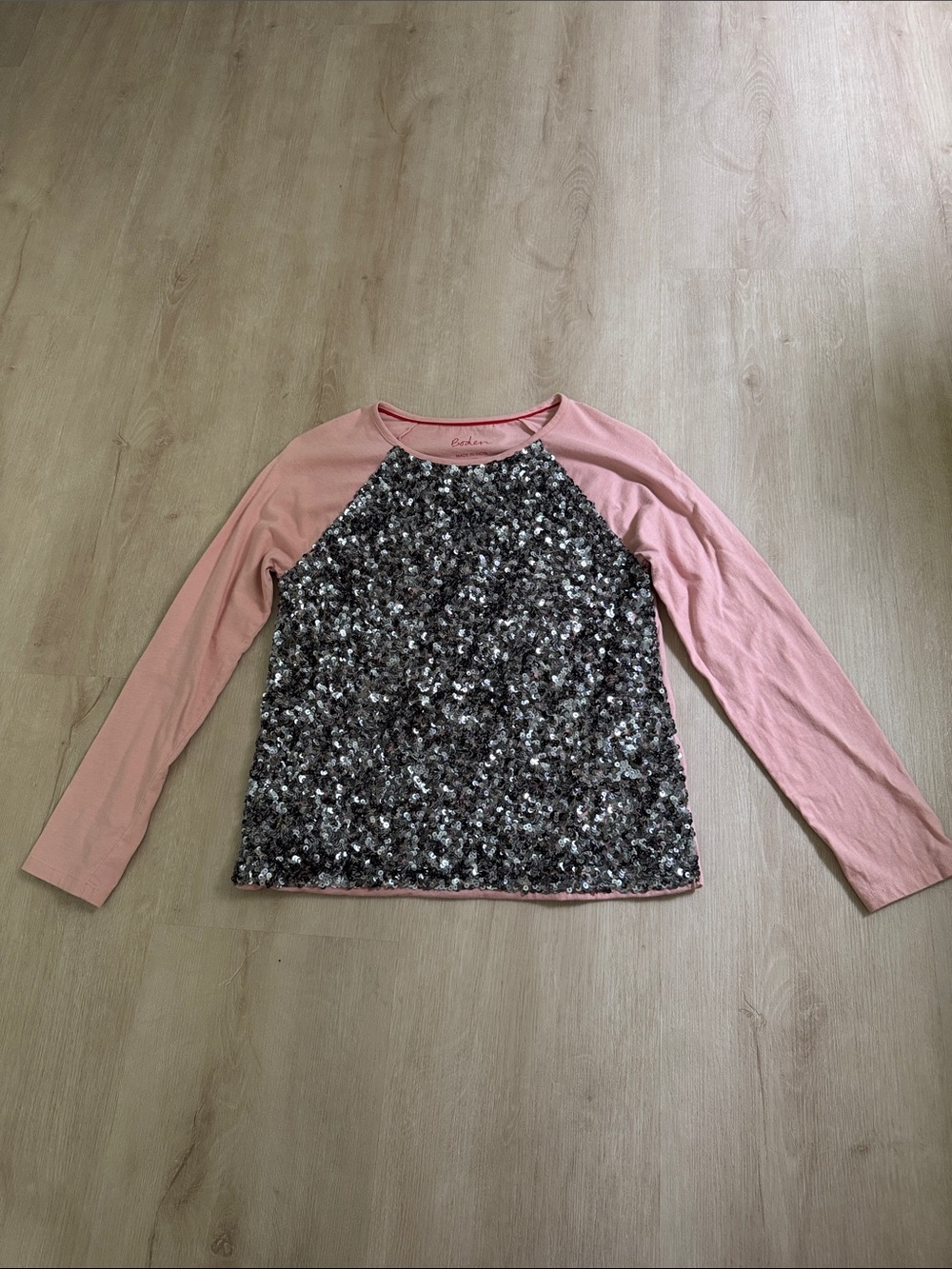 Mini Boden Pink Raglan Long Sleeve Top with Silver Sequin Front